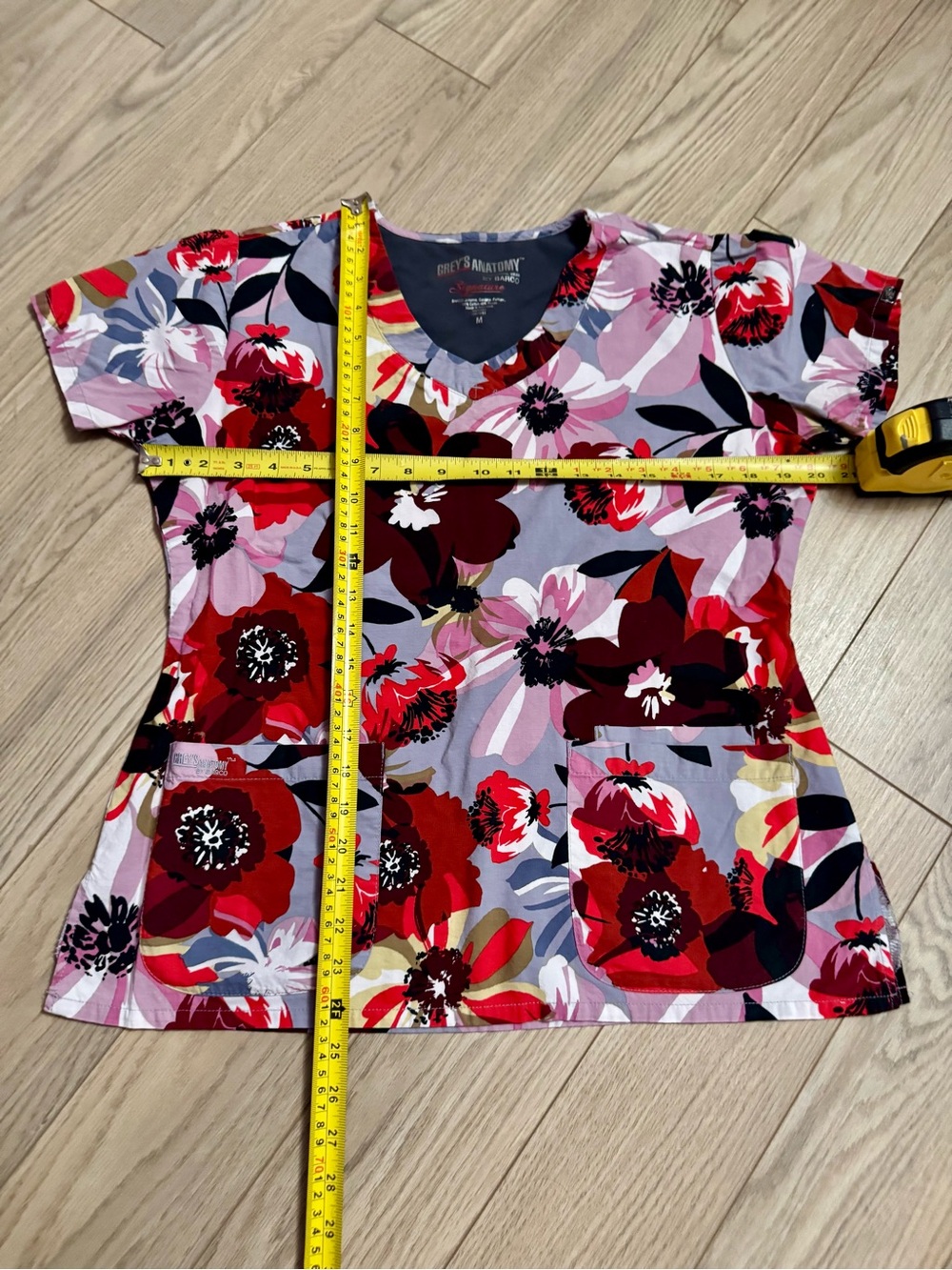 Grey's Anatomy Floral V-Neck Scrub Top in Red, Pink & Black